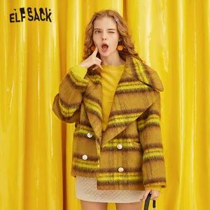 Женское прямое шерстяное пальто ELFSACK, повседневное теплое двубортное пальто в клетку с леопардовой вышивкой и буквенным принтом, зима 2019