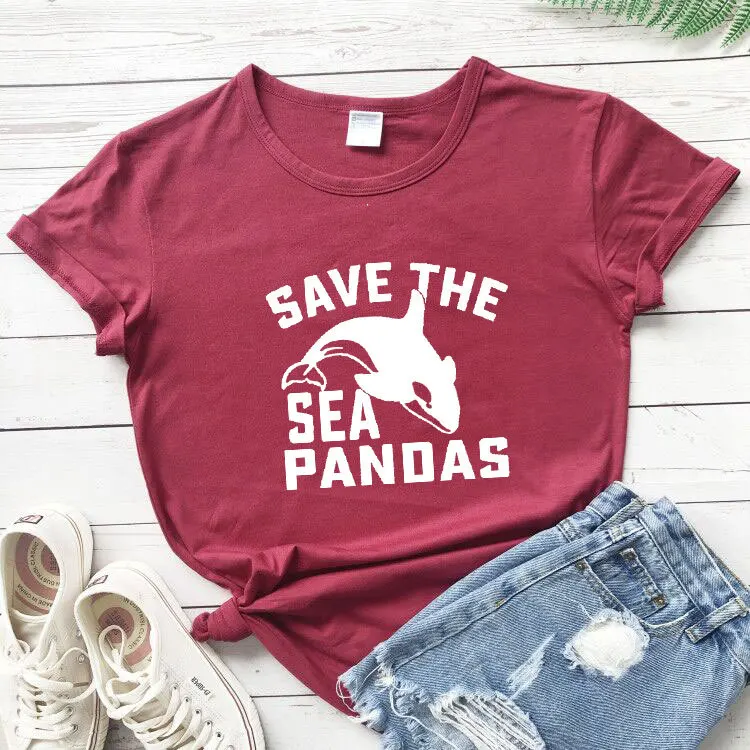 

100% Cotton Women T Shirt Save The Sea Pandas Printed Tshirt Ladies Short Sleeve Tee Shirt Women Female Tops Clothes Camisetas