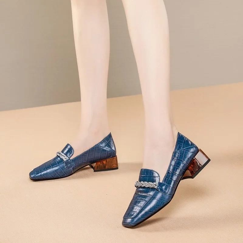 

Women's Shoes Square Toe Single Shoes Women's Thick-heeled High-heeled Leather Small British Leather Shoes Soft Leather