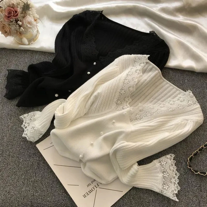 

Осенний сексуальный вязаный свитер с кружевными краями, однотонный тонкий пуловер с V-образным вырезом, женский свитер, корейский черный, бе...