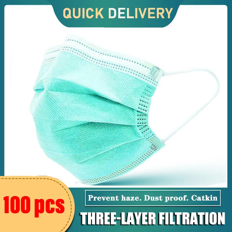

10-200pcs Disposable Green Face Masks 3 Layer Filter Earloop Meltblown Non Woven Breathable Gauze Adult Mouth Mask Fast Delivery