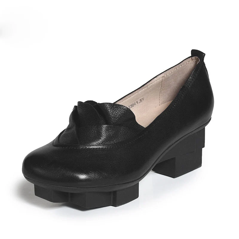 

Xiangban Handmade Original Women Pumps Shoes Chunky Heel Semi-High Heeled Soft Sheepskin Comfortable Female Shoes