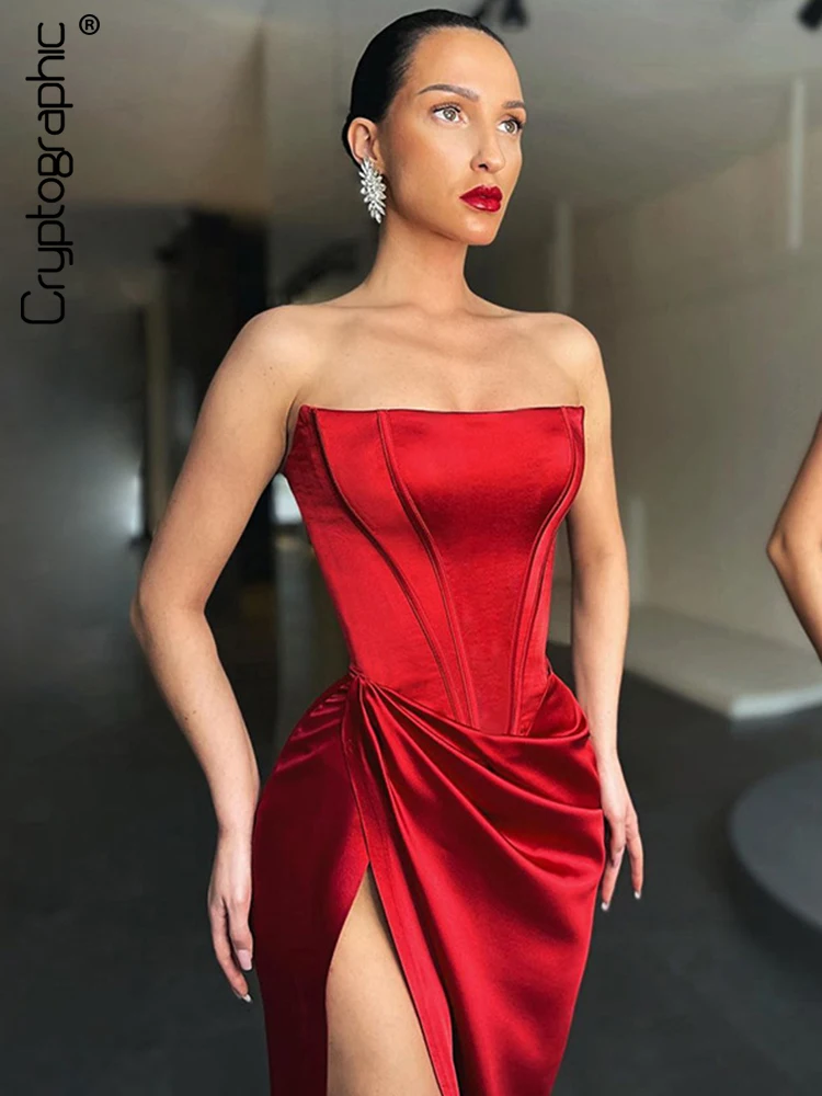 

Cryptographic Fall Off Shoulder Draped Maxi Dress Slit Outfits for Women Sexy Backless Strapless Corset Dresses Gown Club Party
