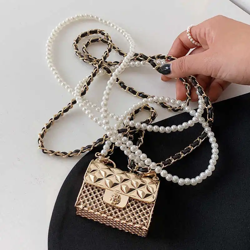 

Mini Women Metal Earphone Bag Rhombic Chain Hanging Neck Female Waist Messenger 2021Tide Fashion Shoulder s
