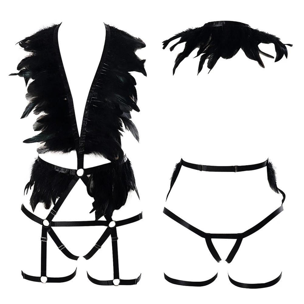 

Black Feather Sexy Ladies Women Body Harness Fetish Chest Bondage Lingerie Erotic Cage Bra Gothic Style Garter Belt Suspenders