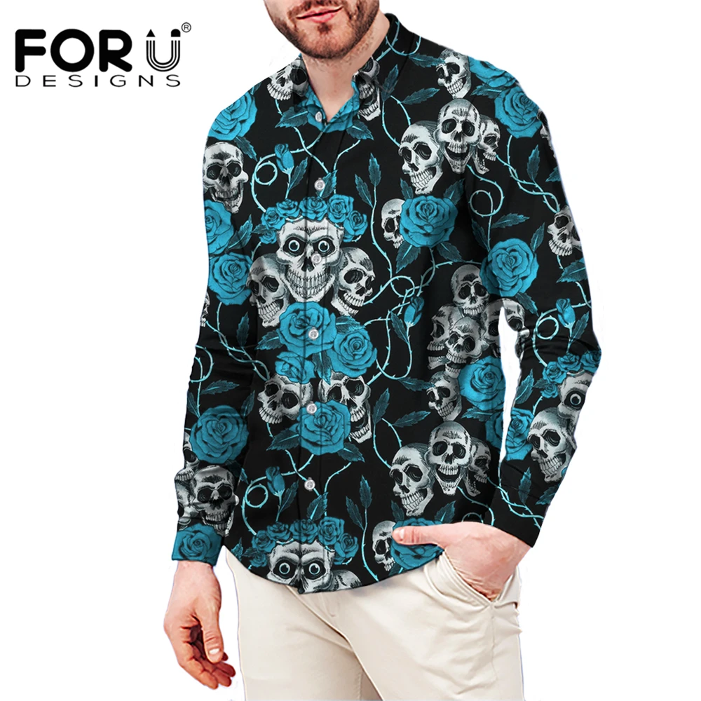 

FORUDESIGNS Blue Gothic Skull With Flower Camisa Masculina Breathable Lightweight Hawaiian Shirt Round Neck Clothing For Male