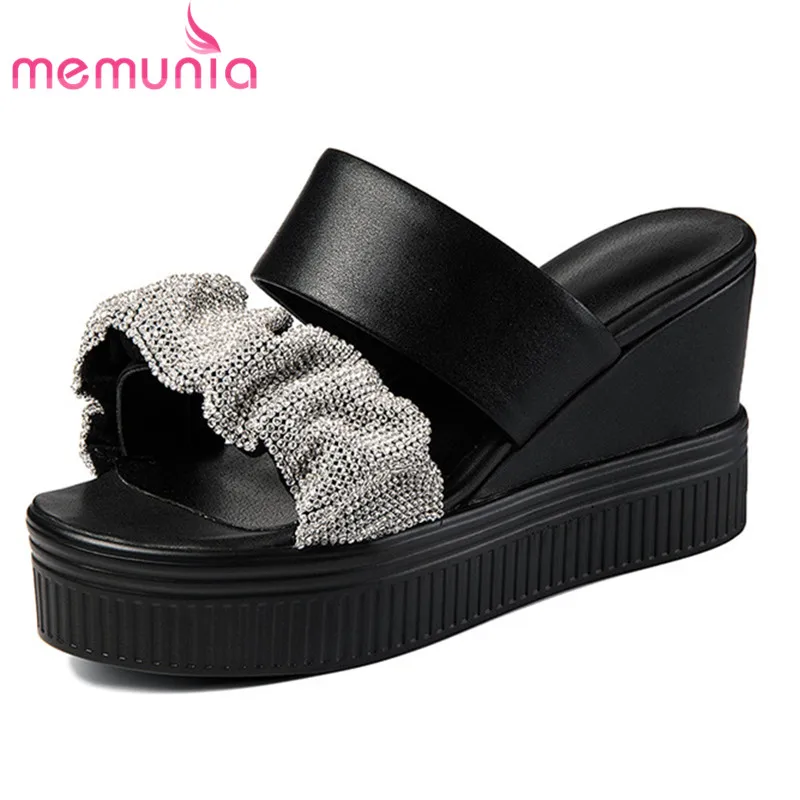 

MEMUNIA 2021 Hot Sale Genuine Leather Mules Shoes Women Sandals Crystal Pleated Wedges Platform Sandals Women Casual Shoes