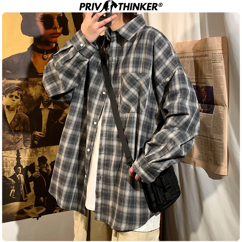 Privathinker Men Spring Long Sleeve Plaid Shirt Mens Office Korean Loose Shirts Male Fashion Harajuku Clothing New Teen 2020 | Мужская
