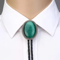 naturel stone green cat eye bolo tie for man indian cowboy western cowgirl leather rope zinc alloy necktie