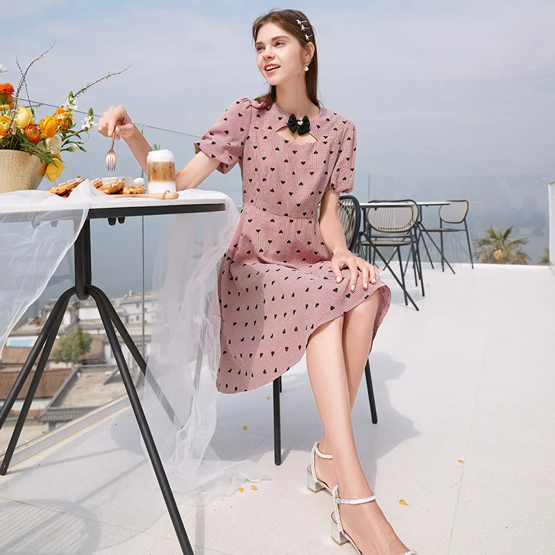 

Женское платье с пузырьковым рукавом SHZQ, летняя Новинка 2021, трапециевидная юбка с приталенной волнистой точкой, юбка с цветочным принтом