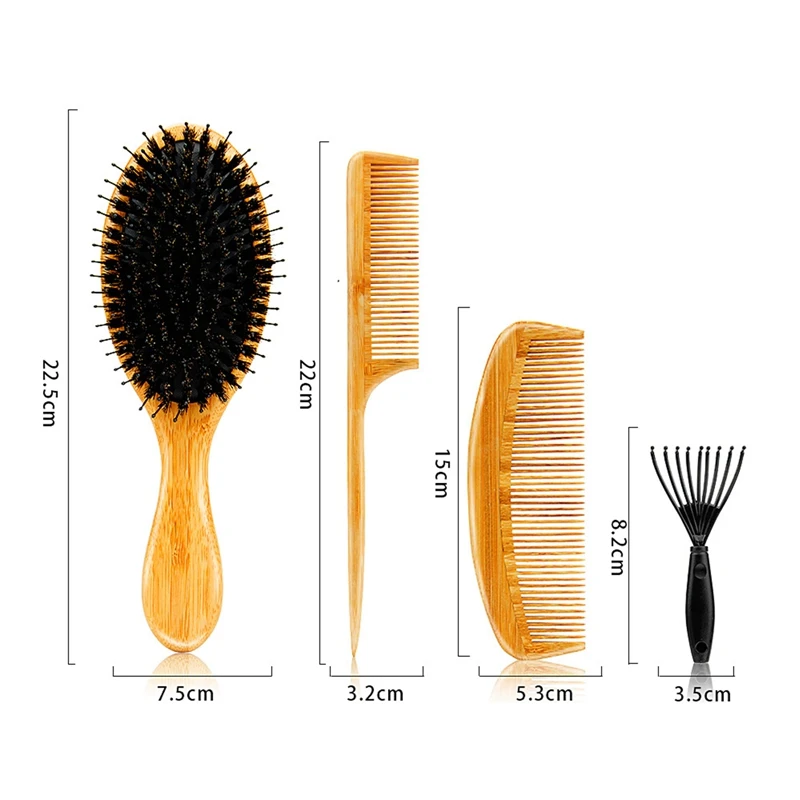 

4Pcs/set Massage Comb Hair Brush Natural Bamboo Handle Boar Bristles Anti Static Hair Brush Massage Comb Straightening Hair Care