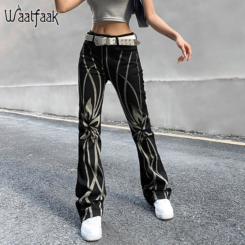 

Waatfaak Graphic Goth Black Mom Jeans Baggy High Waist Straight Leg Cargo Jeans Y2K Streetwear Grunge Pants Women Harajuku Denim