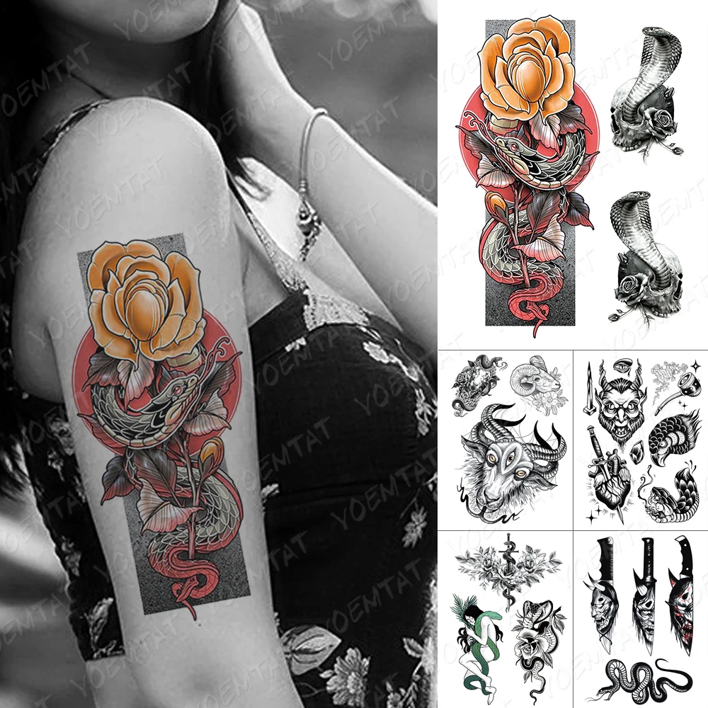 

Waterproof Temporary Tattoo Sticker Dark Old School Goat Snake Flash Tattoos Heart Black Sword Body Art Arm Fake Tatoo Women Men