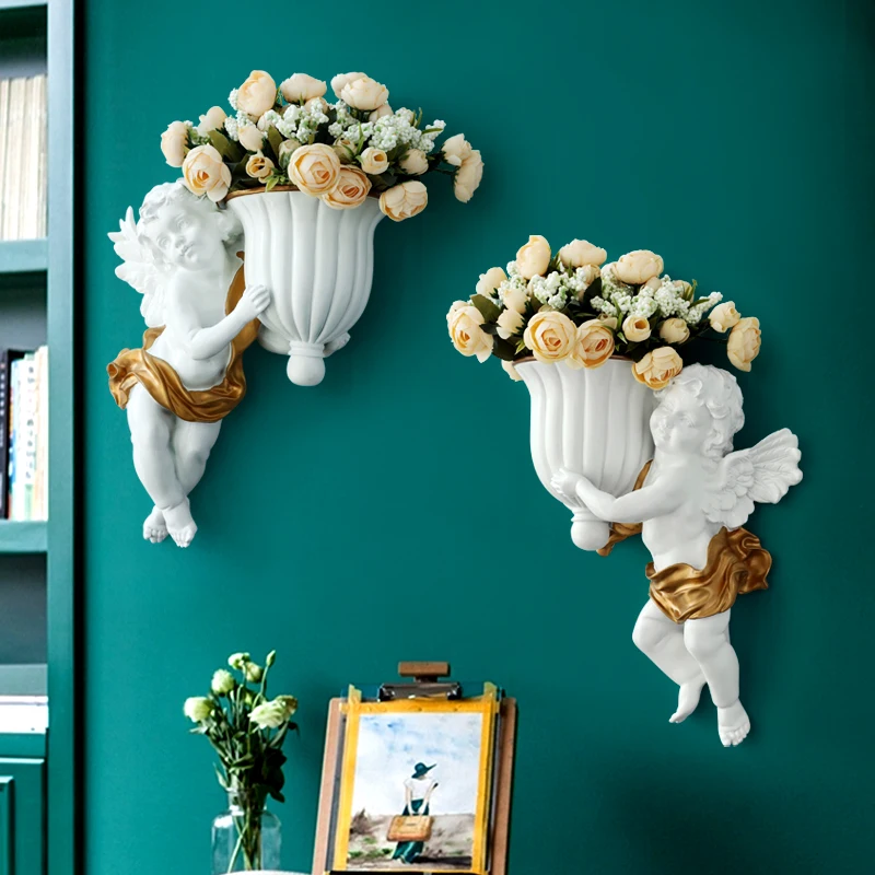 

Room Decor Nordic Angel Flower Vase Simulated Flower Art Ornaments Wall Pendant Decoration Office Accessories New Year Gift