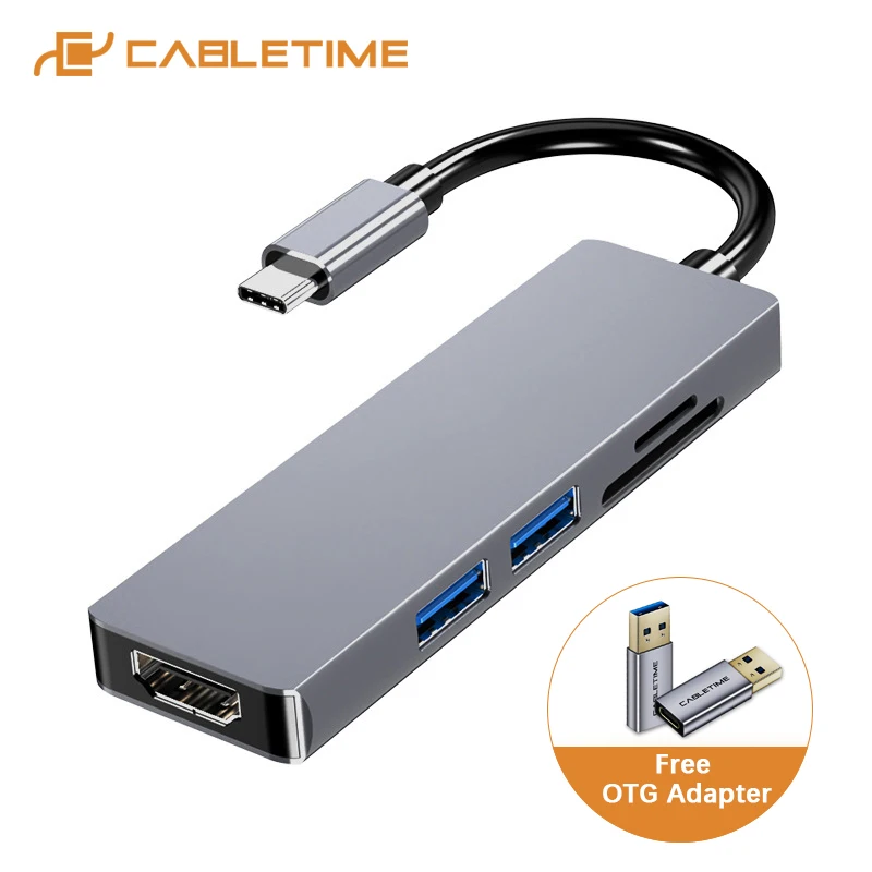 Кабель типа C концентратор для 4K HDMI USB3.0 данных SD TF быстрое чтение серебристого