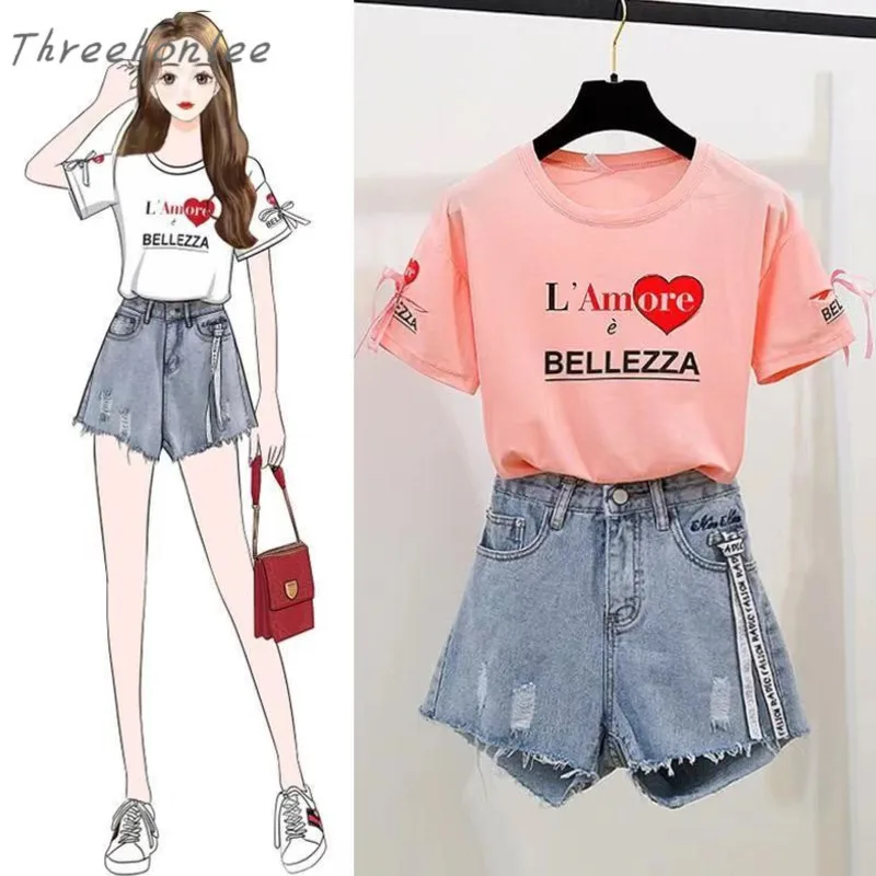

Two Piece Set Women 2021 Summer Short Sleeve Letter Pattern T Shirt And Elastic Waist Shorts Harakuju Kawaii Sets Clothes