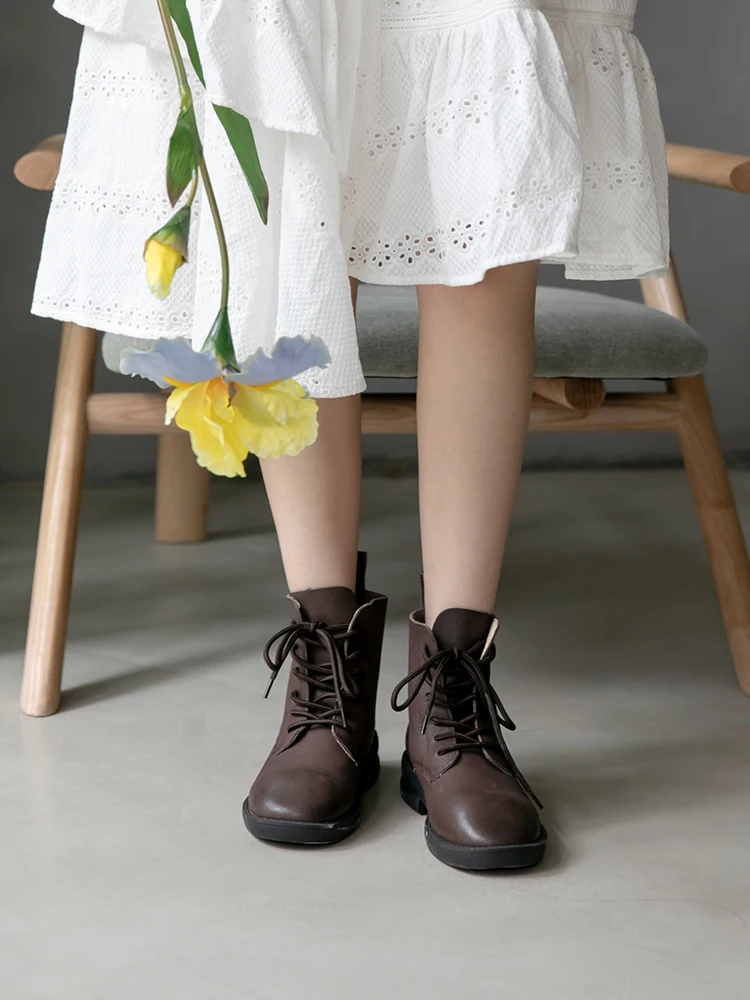 

Tayunxing Handmade Shoes Genuine Leather Autumn Winter Smooth Surface Lace Up Mid Heels Comfort Retro Riding Women's Boots 930