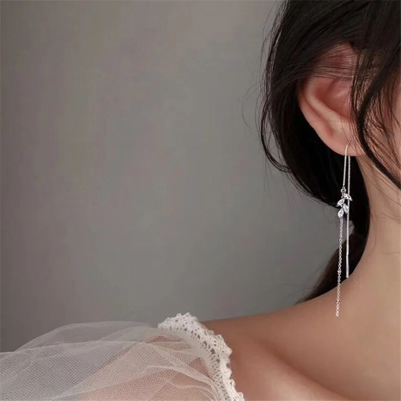

POFUNUO 925 Sterling Silver Women Exquisite Luxury AAA Zircon Earrings Fashion Long Box Chain Ear Lines Girls Chic Earrings New