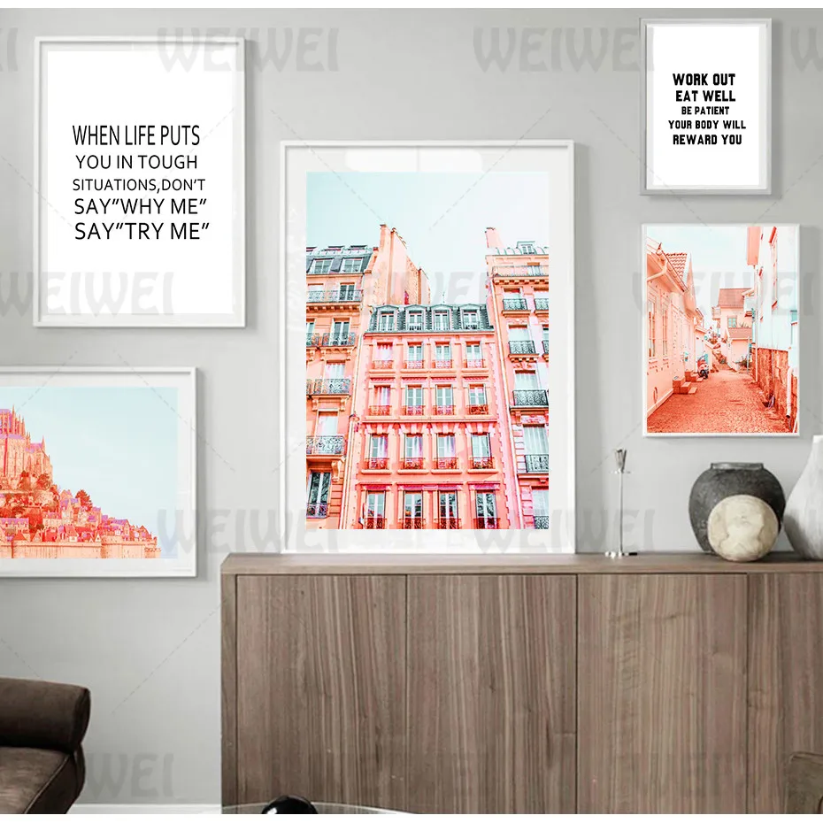 

Pink Building Wall Home Decoration Painting Simple Black and White Text Living Room Wall Canvas Poster Motivational Words Prints