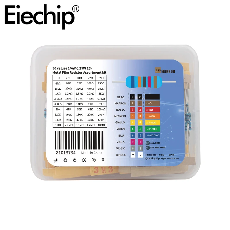 

1-10M Ohm 30 50 130 Kinds 1/4W 0.25W Resistance 1% Metal Film Resistor Pack Assorted Kit Set Lot Fixed resistor 500/600/2600pcs