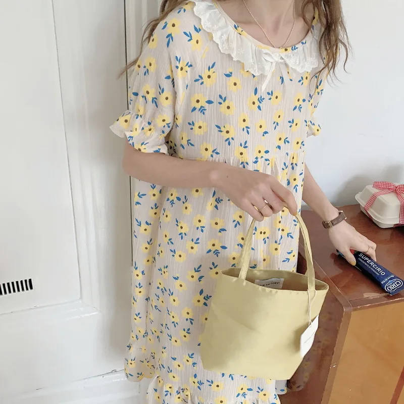 

CBAFU colorful flowers print cotton nightgowns short sleeve summer dress homewear peter pan collar bow tie loungewears M969