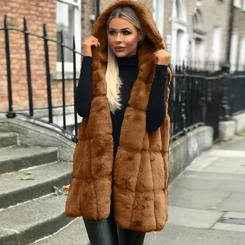 

Черный/коричневый/белый женский зимний жилет с капюшоном из искусственного меха, жилет, безрукавка, кардиган, пальто, зимний жилет, жилет