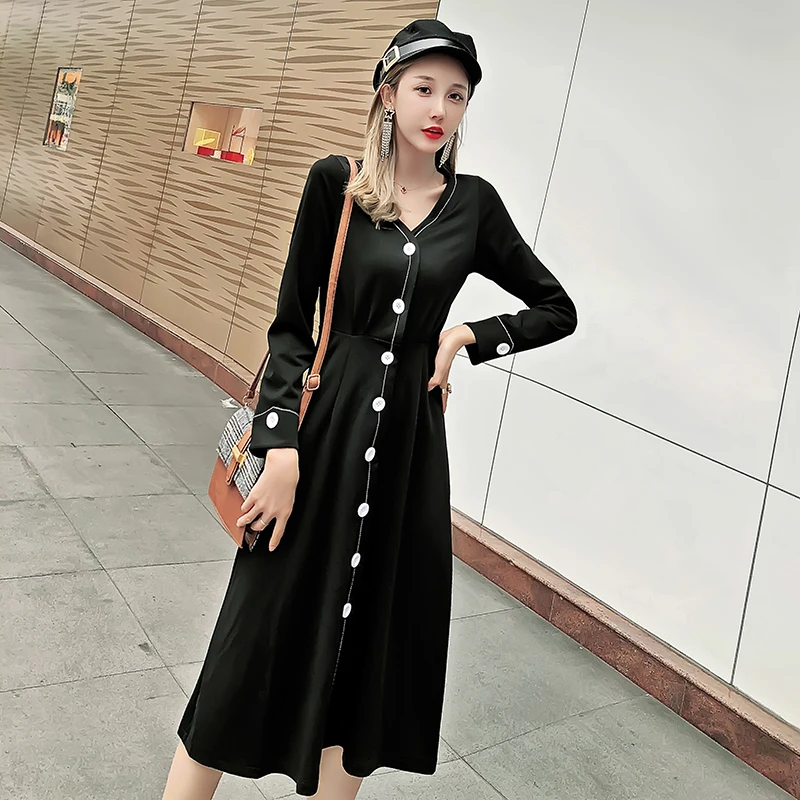 

Женское длинное платье с V-образным вырезом, черное Элегантное повседневное платье-макси с длинным рукавом, в винтажном Корейском стиле, вес...