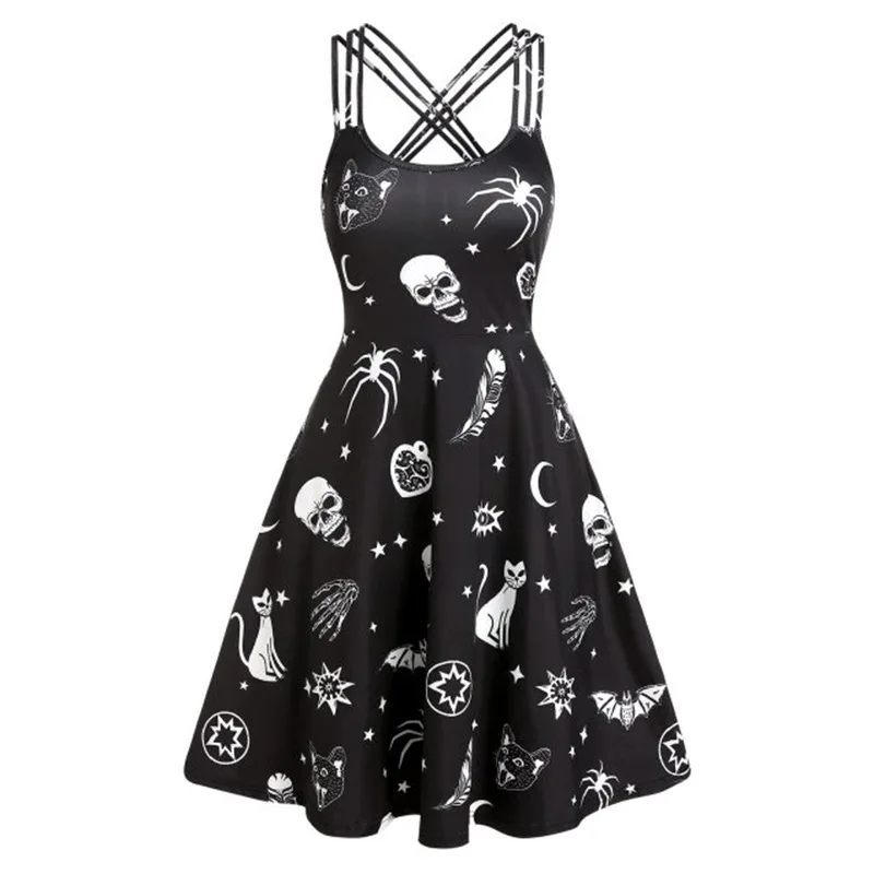 

Plus Size Casual Dress Sun Moon Print Crisscross Mini Cami Dress Sleeveless Women Fashion Party Dress Vestidos Femme