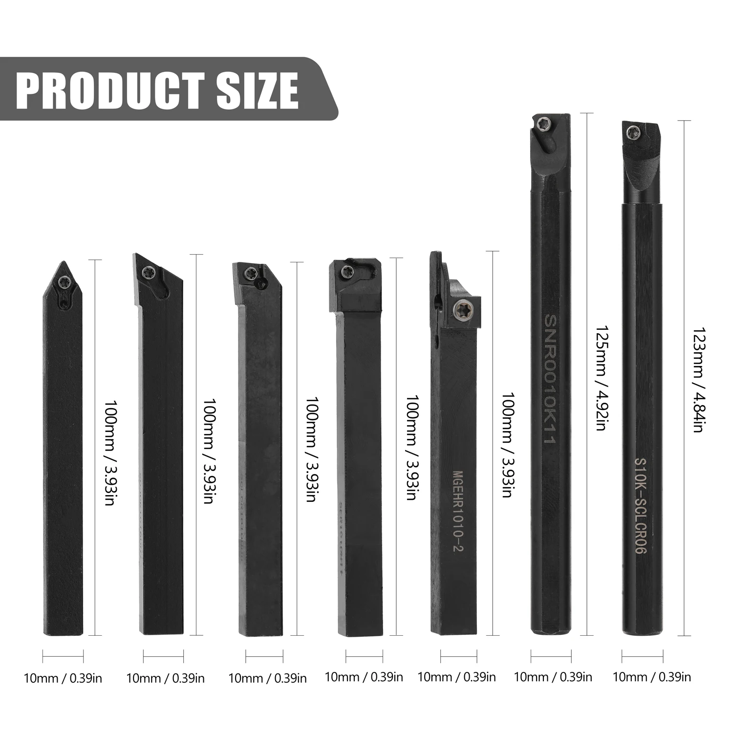 

7pcs 10mm Shank Lathe Turning Tool Holder Boring Bar 7pc Holders + 7pc T8Wrenches + 7pc Inserts with Carbide Inserts