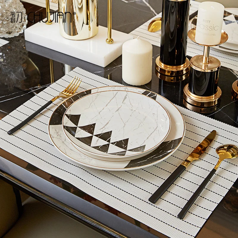 

Marbled Porcelain Plate Tableware Snack Snack Fruit Salad Plate European Ceramic Tray Tableware Cup Saucer Set Support Wholesale