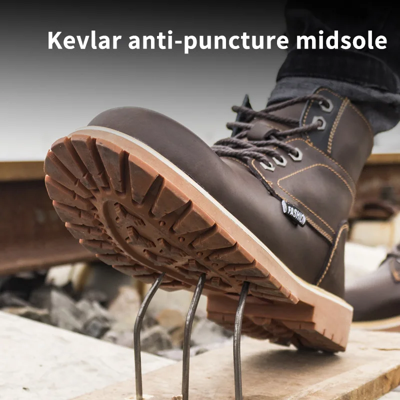 Work boots men office safety shoes indestructible Anti-puncture leather horse crazy good year handmade | Обувь