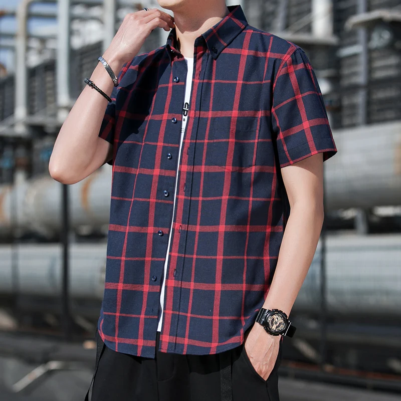 

Men Oxford Casual Plaid Shirt Cotton 2021 Spring Autumn Casual Short Sleeve Shirt Soft Comfort Slim Fit Styles Brand For Man
