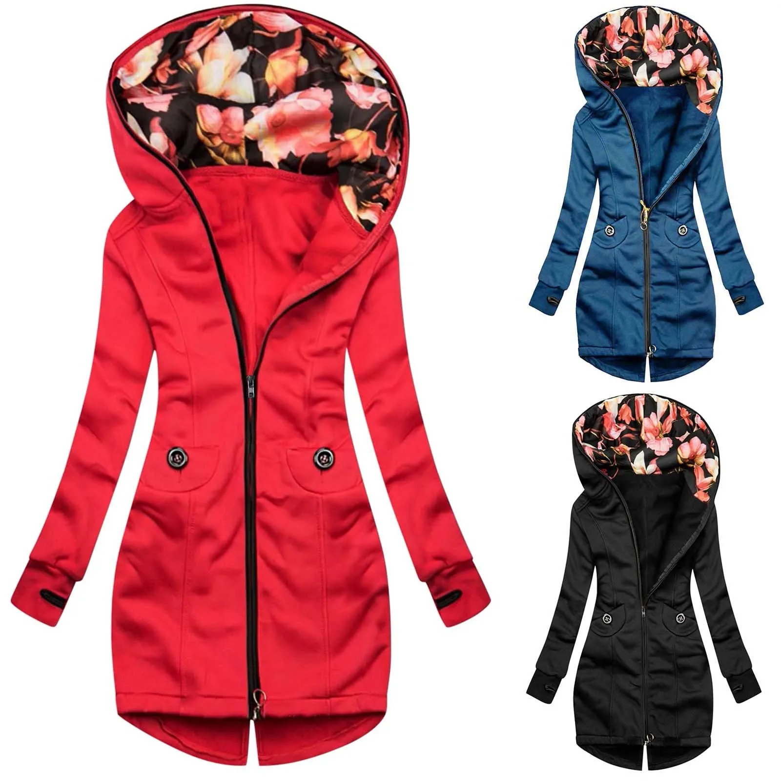 Sweatshirt Women Fashion Floral Print Jacket Zipper Pocket Sweatshirt Long Sleeve Coat Zip Up Hoodie Moletom Sweatshirt Women