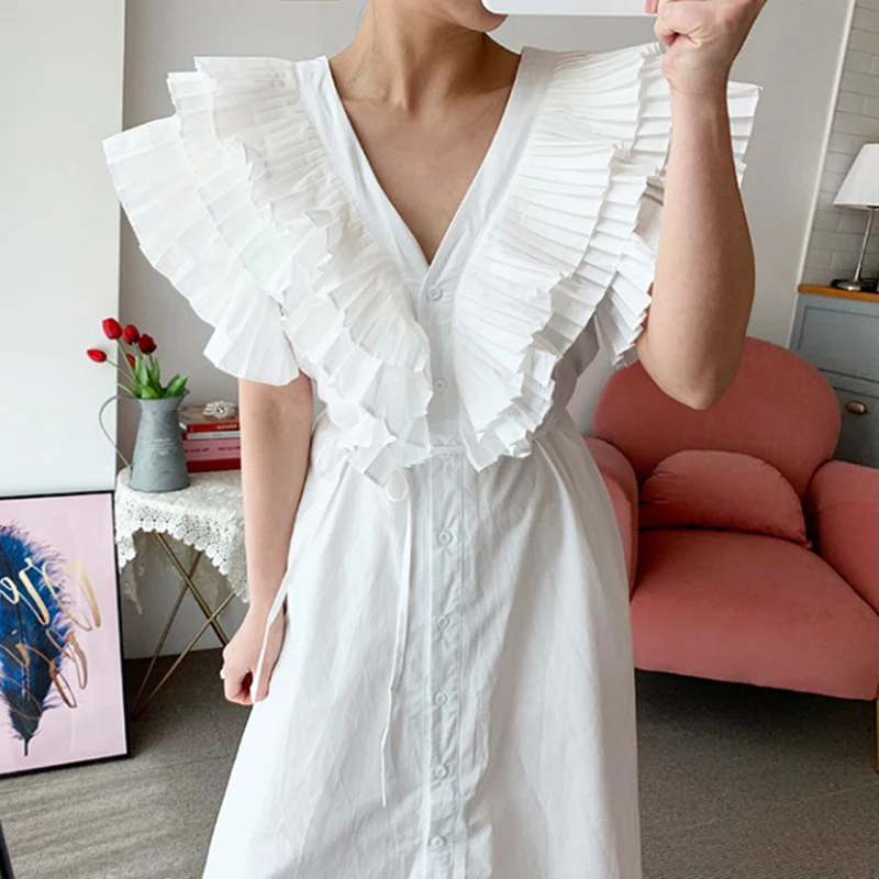 

Женское длинное платье с оборками, повседневное свободное белое платье с V-образным вырезом, весна-лето, TB685