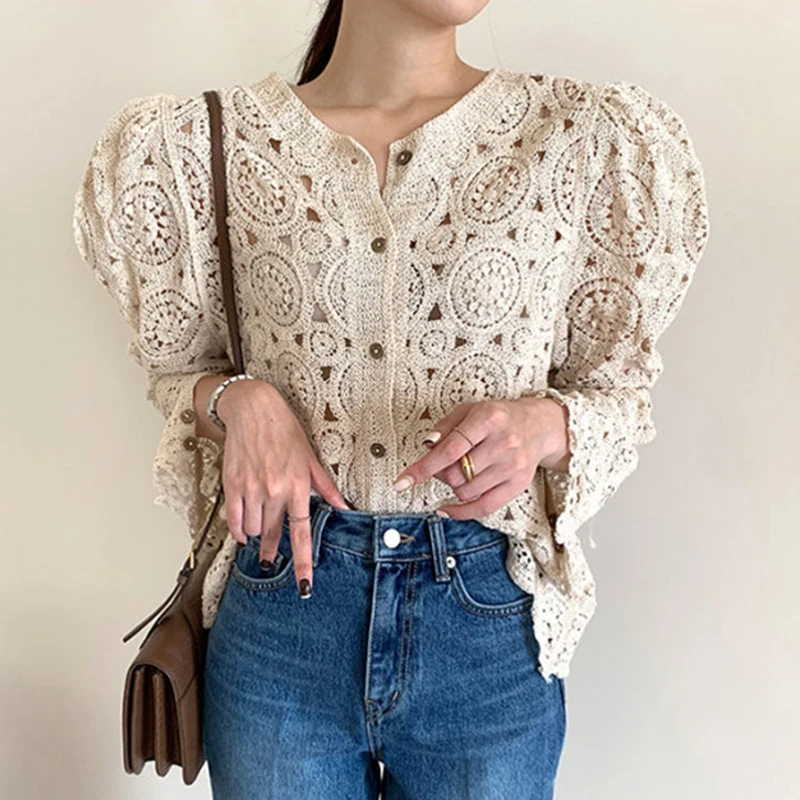 

Korean Chic Temperament Elegant V-Neck Thin Single-Breasted Crochet Hollow Thin Casual Puff Sleeve Sweater Women