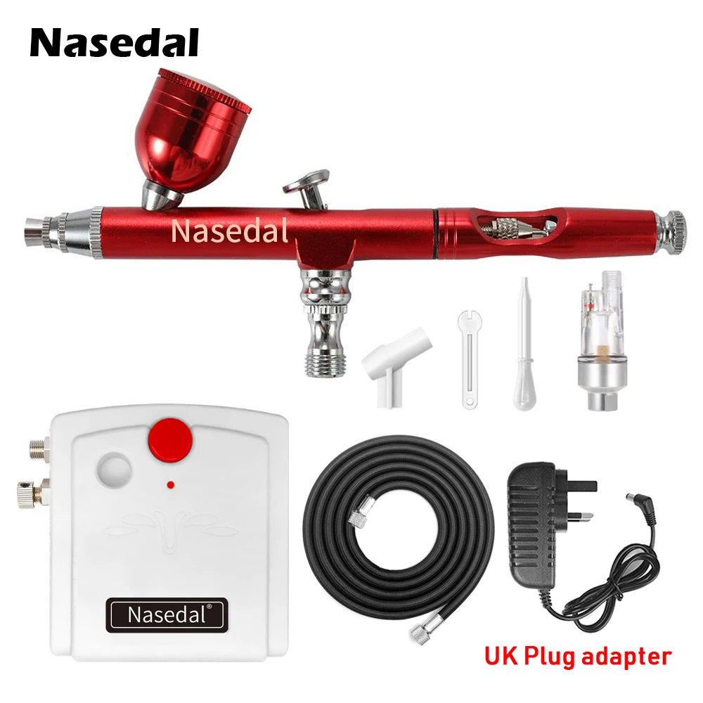 UK Plug Nasedal 0,3 мм Аэрограф компрессор комплект двойного действия воздушная щетка для украшения торта Spary краски пистолет дизайн ногтей краски макияж татуировки Спрей Инструмент - Цвет: UK Plug