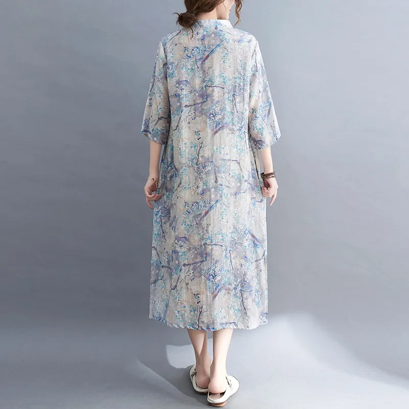 

Women Summer Casual Long Dress New Arrival 2021 Arts Style Vintage Print Loose Comfortable Ladies Elegant A-line Dresses B674