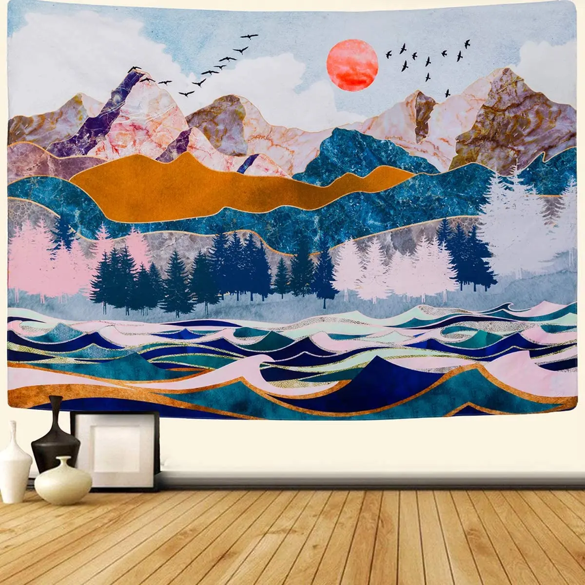 

Mountain and Sunset Tapestry Wall Hanging Forest Trees Tapestry Wave Art Tapestry Nature Landscape Home Decor for Room