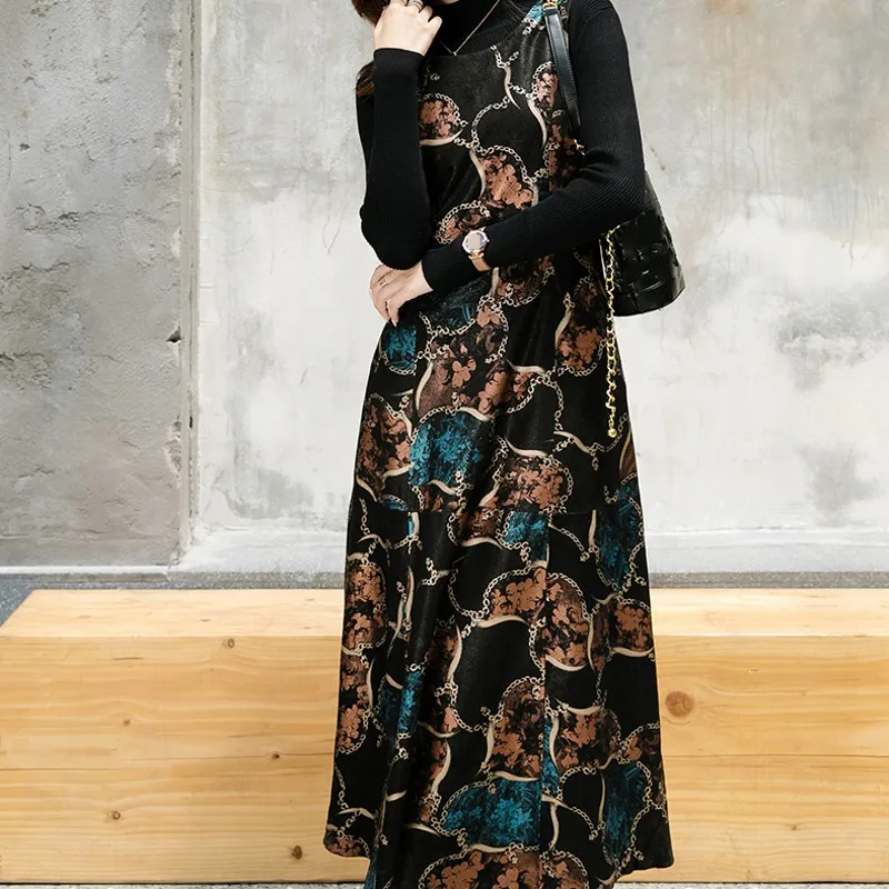 

Fashion Printing Design Sheepskin Sleeveless Dress Womens New Slim O-Neck Pockets Genuine Leather Ankle-Length Vest Dress