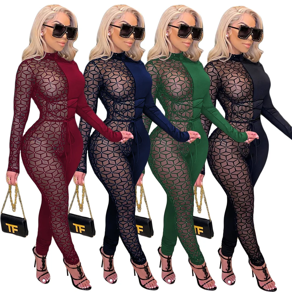 

Sheer Mesh Patchwork Women Sexy Lace Up Jumpsuit Turtleneck Long Sleeve One Piece Overall Night Club Party Romper