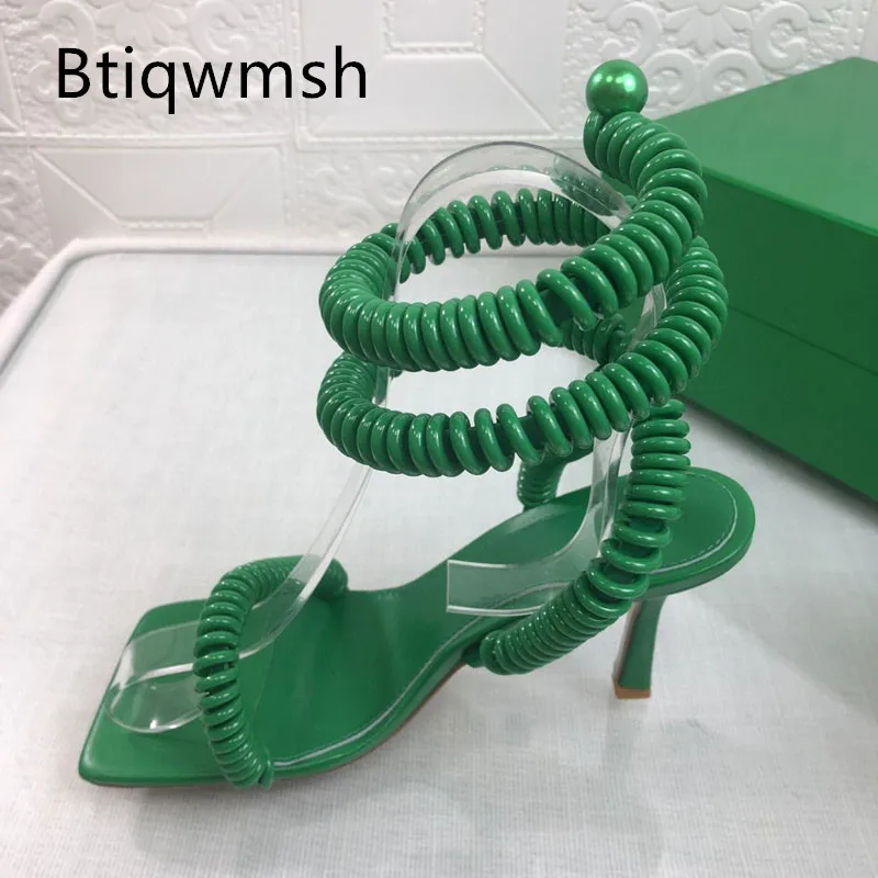 

Сандалии-гладиаторы женские с открытым носком, уникальные босоножки из зеленой кожи, ремешок на щиколотке, туфли на необычном высоком каблу...