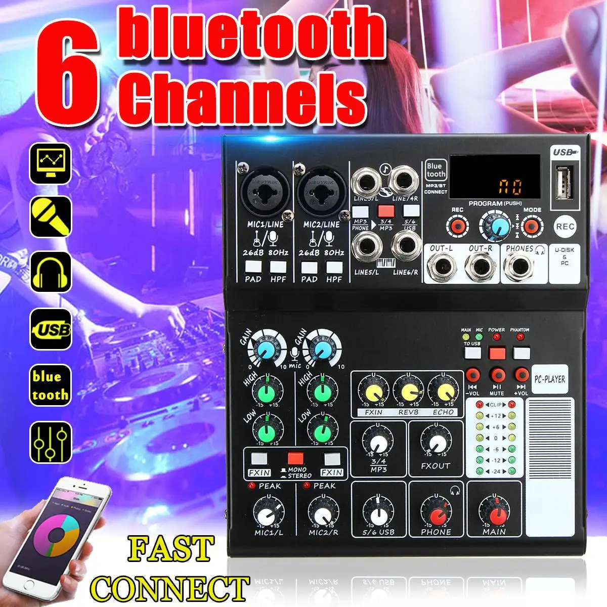 LEORY портативный аудиомиксер с 6 каналами USB bluetooth для DJ Live Stage музыкальный