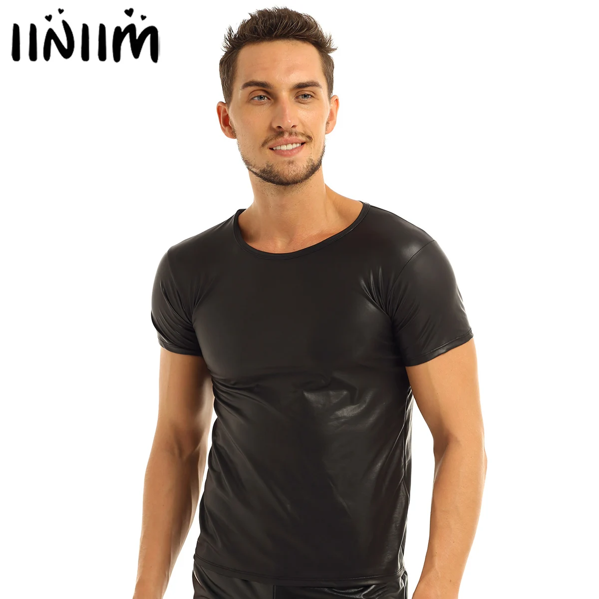 Iiniim сексуальные мужские черные сексуальные Клубные костюмы Wetlook топы для мужчин сценический Cltohing из искусственной кожи с коротким рукавом футболки нижнее белье