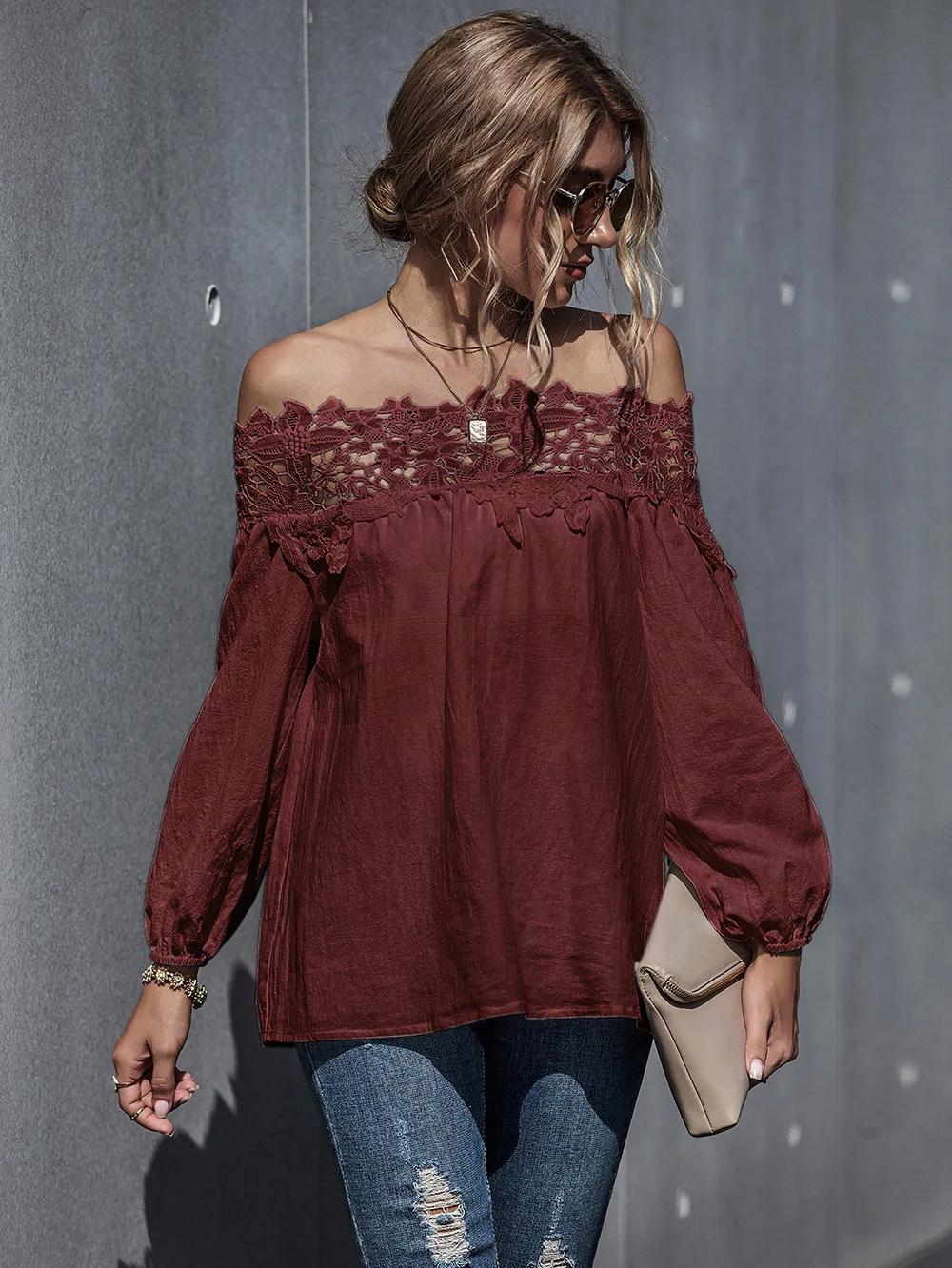

New 2021 summer women's lace stitching white top sexy one-word collar can be stretched puffy sleeves French casual top ladies bl