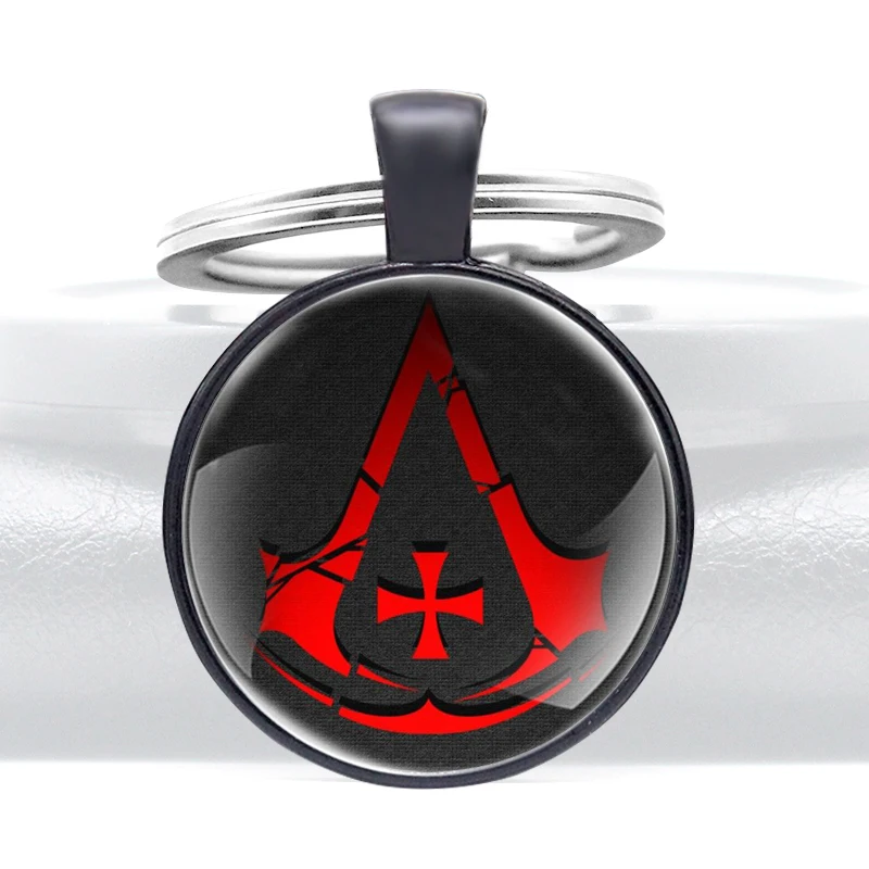 

Black Fashion Assassin Cross Glass Cabochon Metal Pendant Classic Men Women Key Chain Key Ring Accessories Keychains Gifts