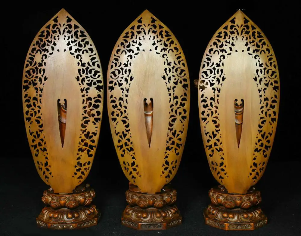 

wedding decoration 11" Old Tibet Buddhism Boxwood Wood Carved Sakyamuni GuanYin Buddha Statue Set