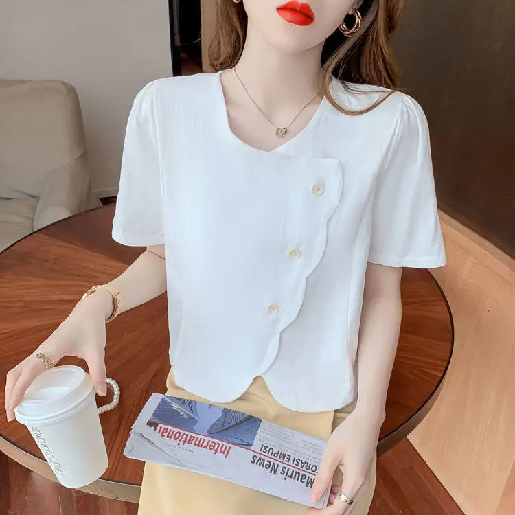 

Short sleeve shirt women's summer 2021 new loose short high waist irregular top