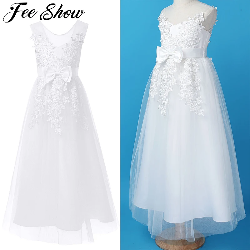 Белого цвета без рукавов для маленьких девочек Сетчатое вышитое кружево с бантом