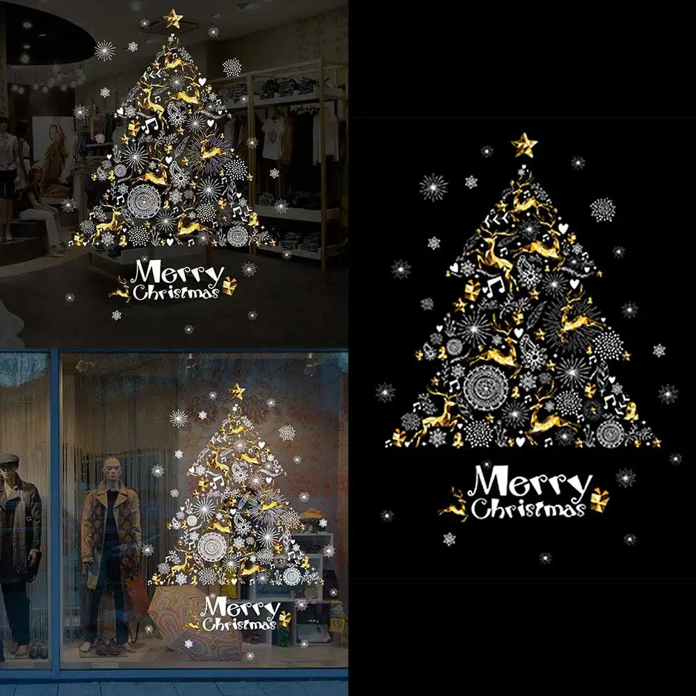 

60*90CM Creative Christmas Tree Wall Sticker Shop Window Decoration Removable Wallpaper Deer Snowflake Art Poster Home Decor