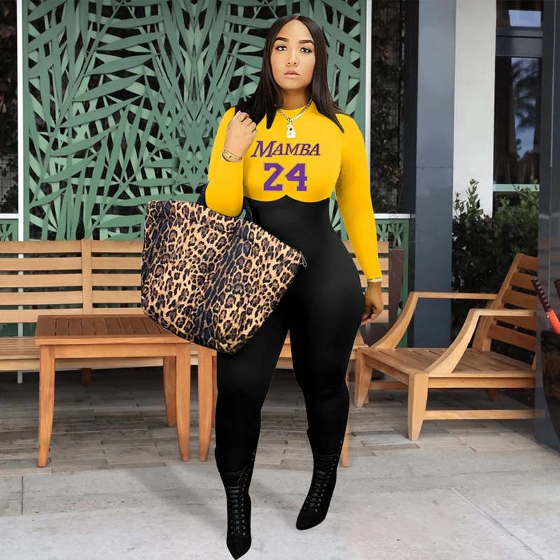 

ZKYZWX Sexy Lucky Label Jumpsuit Bodycon Women Sport Fashion Printing Contrast One Piece Jumpsuits Party Rave Festival Clothing